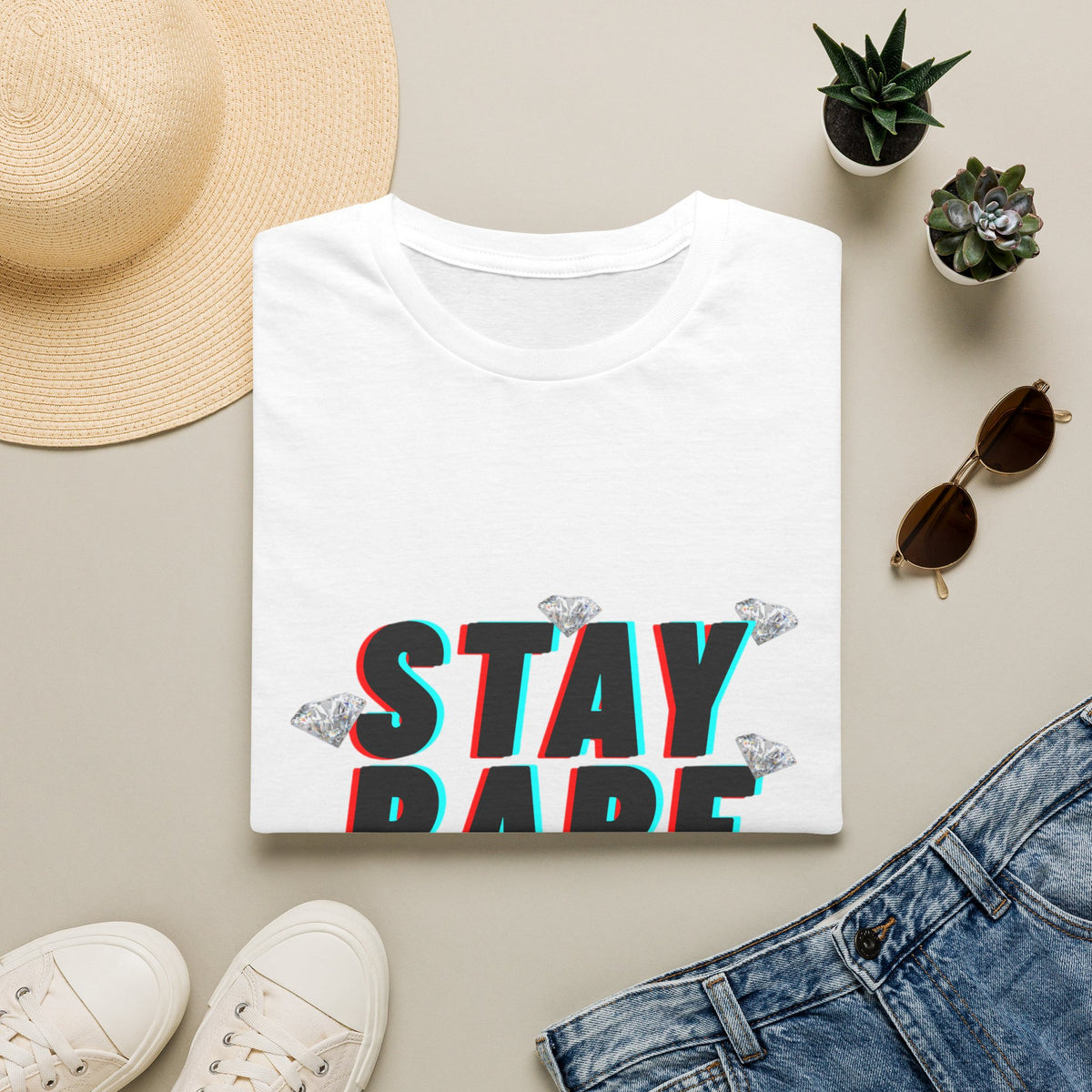 Stay Rare T-Shirt — Retro 3D Text with Diamonds & Crown