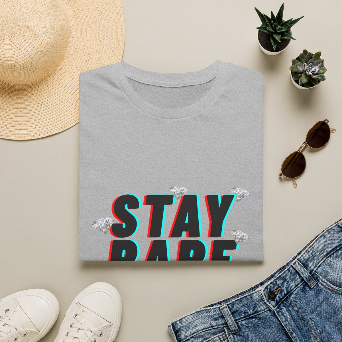 Stay Rare T-Shirt — Retro 3D Text with Diamonds & Crown
