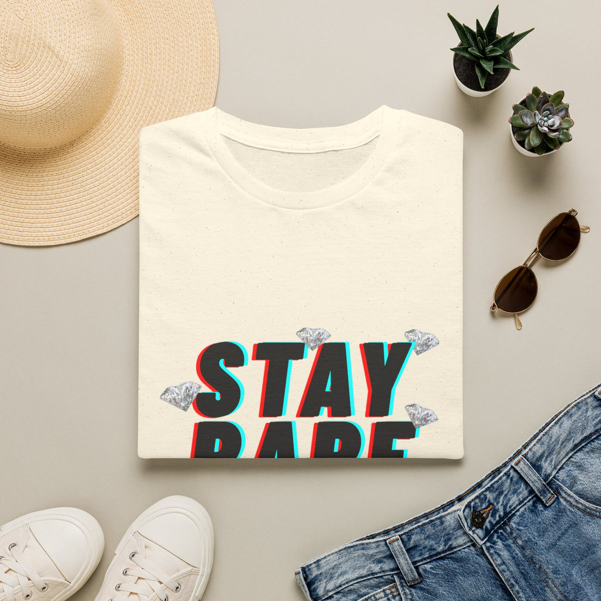 Stay Rare T-Shirt — Retro 3D Text with Diamonds & Crown