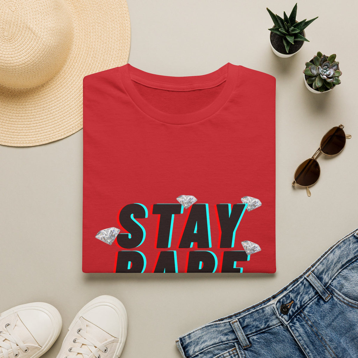 Stay Rare T-Shirt — Retro 3D Text with Diamonds & Crown