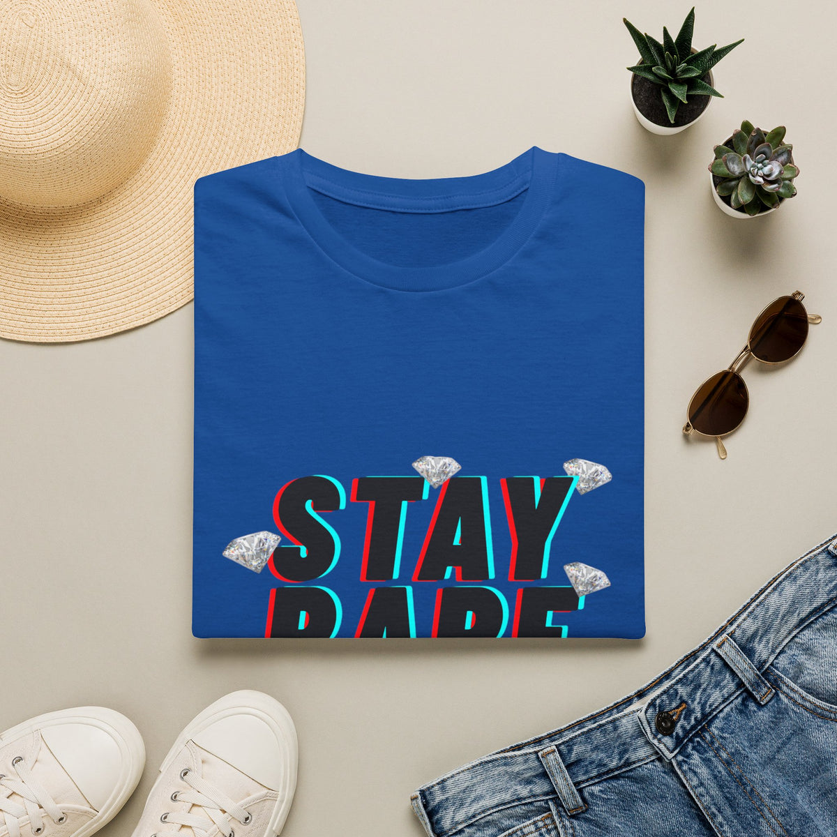 Stay Rare T-Shirt — Retro 3D Text with Diamonds & Crown